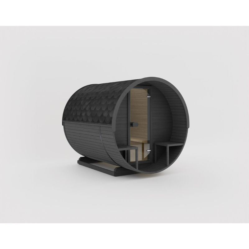 Modern Celsium Joris Large Barrel Sauna in black with bitumen roof and glass door