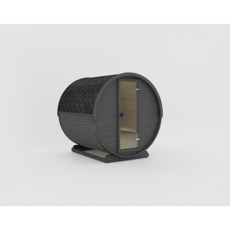 Exterior view of the Celsium Joris Small sauna in black with round barrel shape and glass door